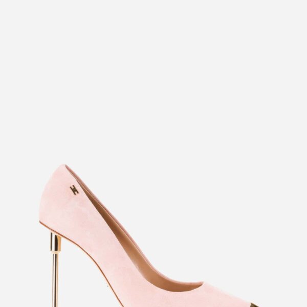 Suede pumps with gold sculptured heel