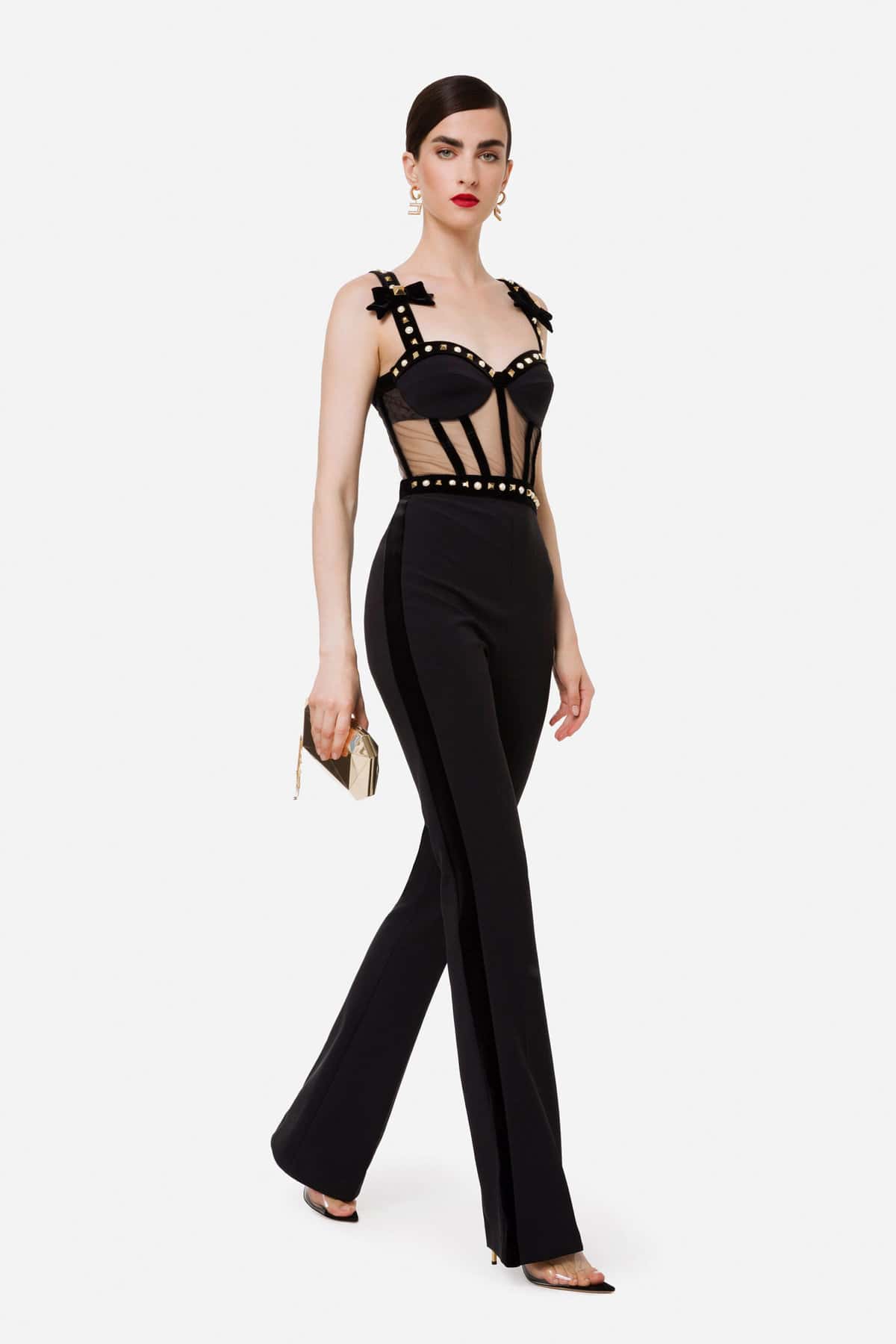 Double layer crêpe jumpsuit with embroidered tulle bodice - ELEGANZA ...