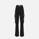 Straight trousers in crêpe fabric with pockets and belt