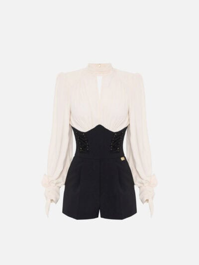 Crêpe and georgette romper suit with criss-cross laces
