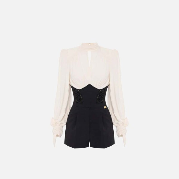 Crêpe and georgette romper suit with criss-cross laces