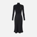 Dress in ribbed knit and satin fabrics with pocket