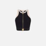 Knit fabric top with shiny viscose bands