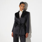 Stretch satin jacket with belt