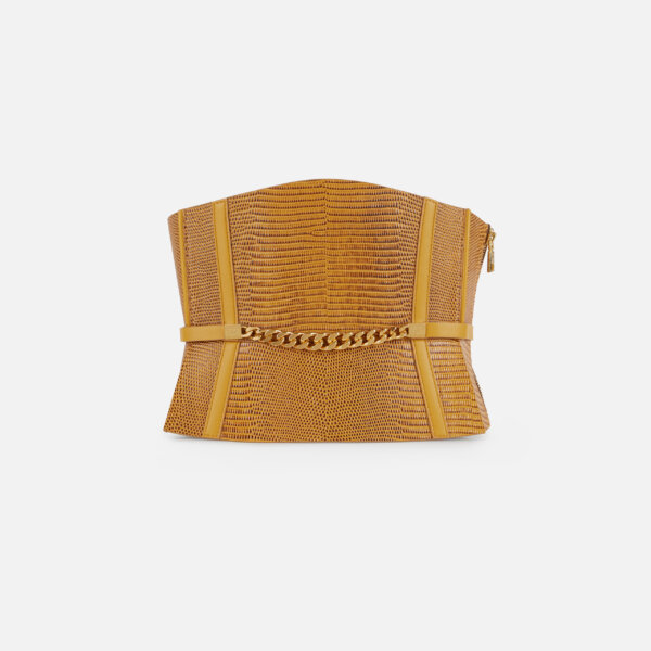 Bustier-style leather belt with lizard print