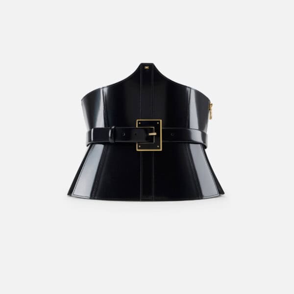 Bustier-style leather belt with logo buckle
