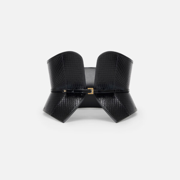 Bustier-style leather belt with fish scale pattern